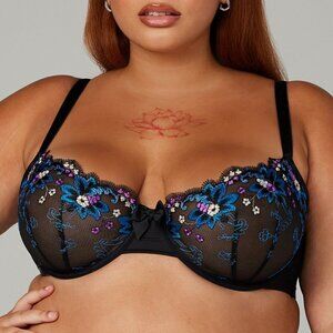 Savage X Fenty Wallflower Unlined Balconette Bra blk Caviar Deco Embroidery 44DD